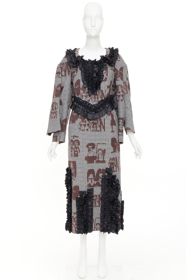 COMME DES GARCONS 2019 brown black wool gingham multi sleeve ruffle midi dress S