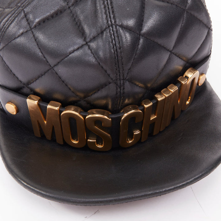 MOSCHINO Jeremy Scott black diamond quilted leather gold logo baseball cap bag
