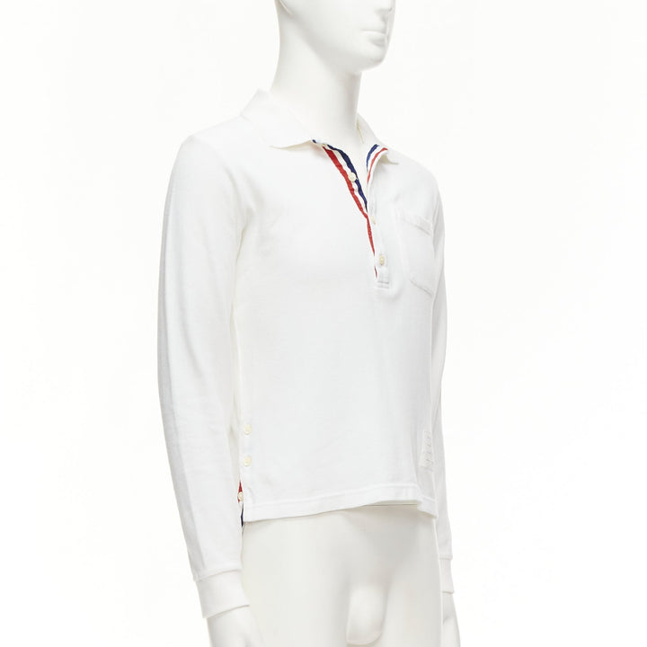THOM BROWNE white cotton red blue stripe placket polo shirt Sz.0 XS