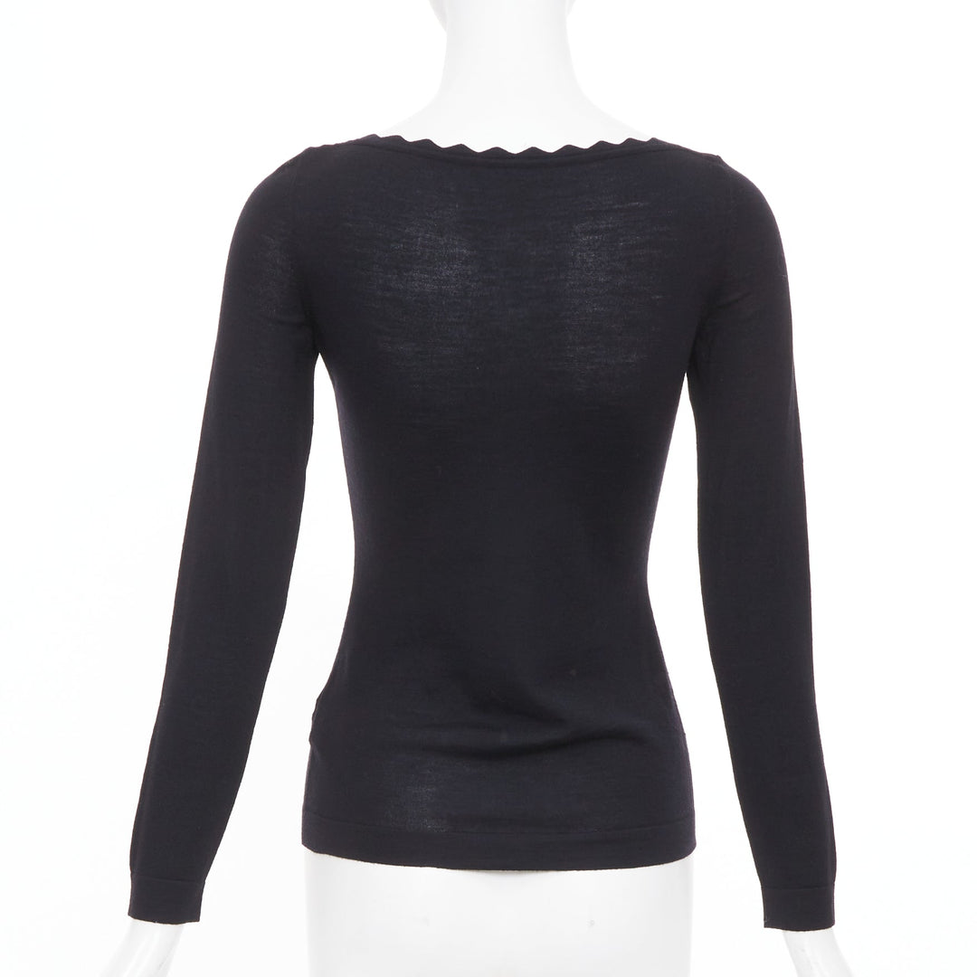 ALAIA virgin wool knit semi sheer black scalloped boat neck l/s top FR36 S