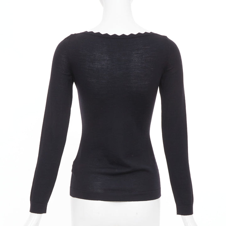 ALAIA virgin wool knit semi sheer black scalloped boat neck l/s top FR36 S