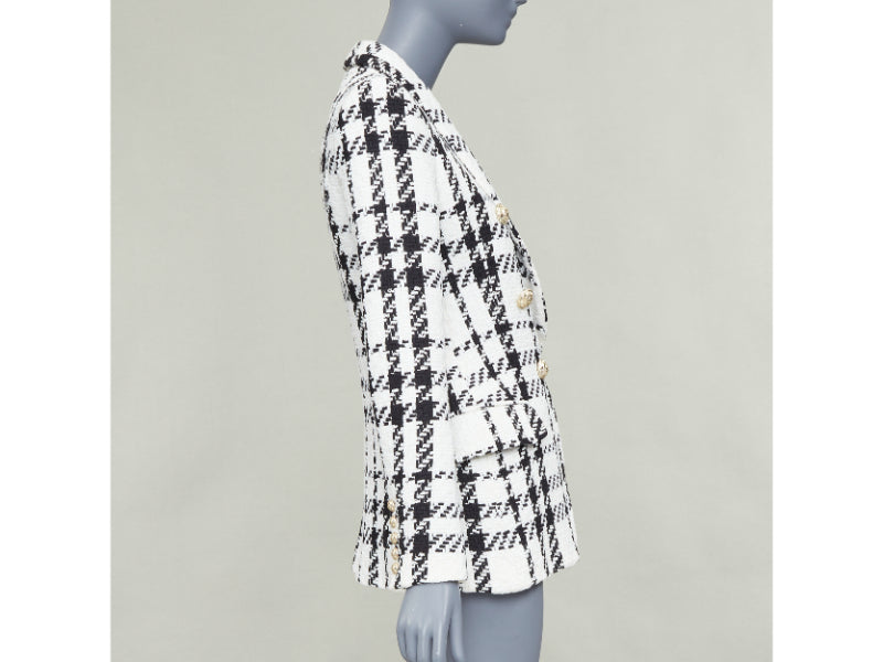 BALMAIN checked black white cotton tweed double breasted blazer jacket FR36 S