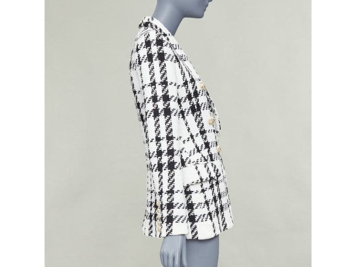 BALMAIN checked black white cotton tweed double breasted blazer jacket FR36 S