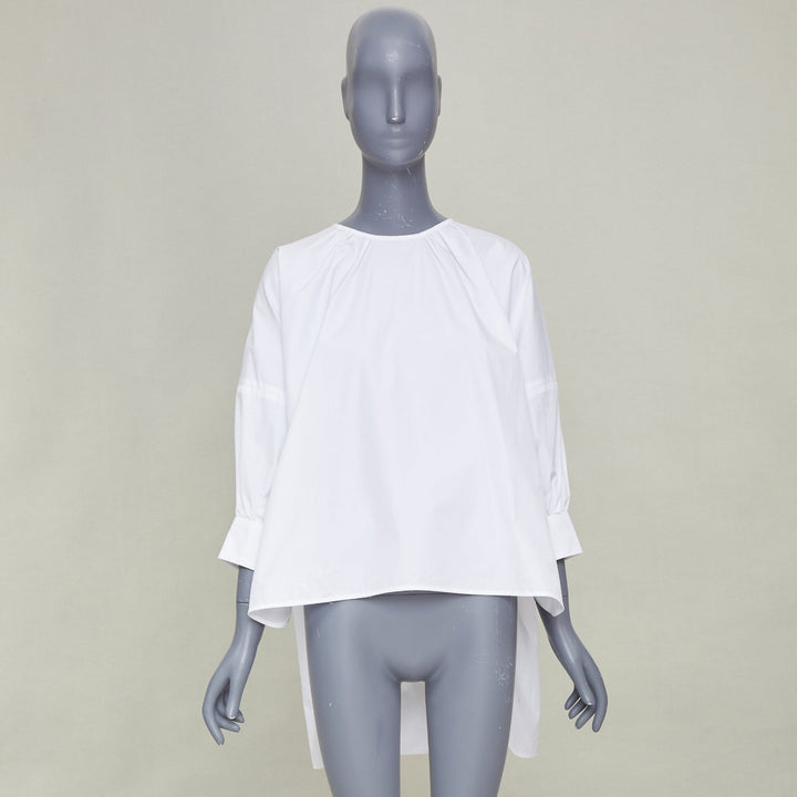 S MAX MARA 2024 Maya Asymmetric gather neck white cotton poplin blouse IT34 XXS