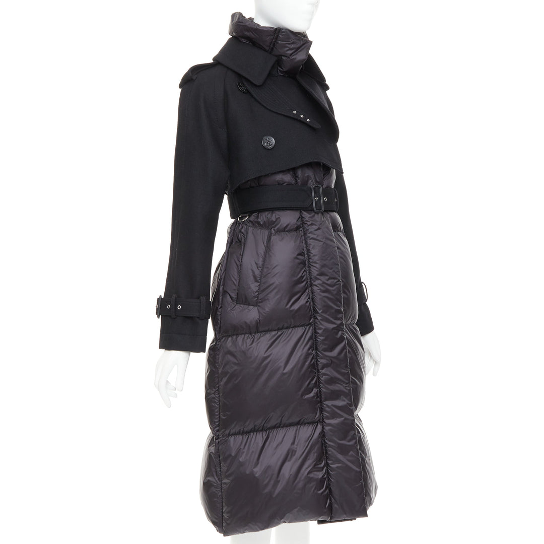 SACAI 2022 Hybrid black melton wool leather trim padded puffer trench coat JP1 S