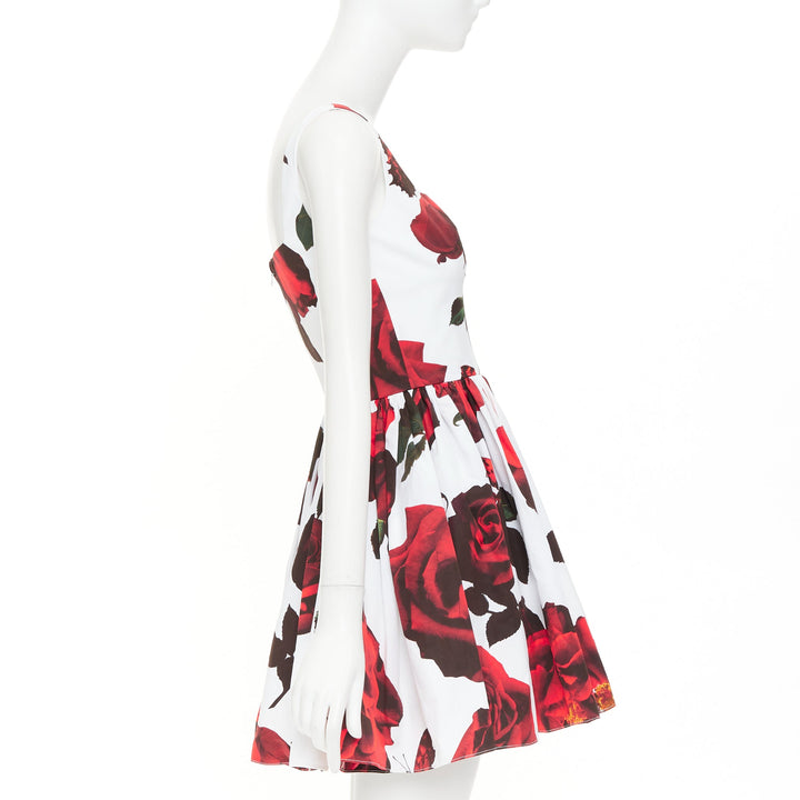 ALEXANDER MCQUEEN 2024 Tudor Rose print cotton poplin skater mini dress IT38 XS