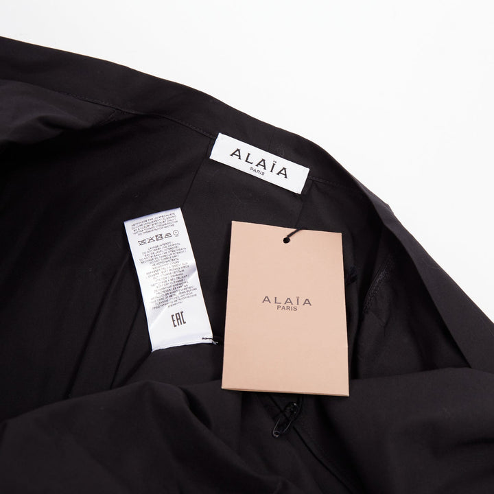 ALAIA 2023 belted leather trimmed black corset poplin casual A-line dress FR36 S