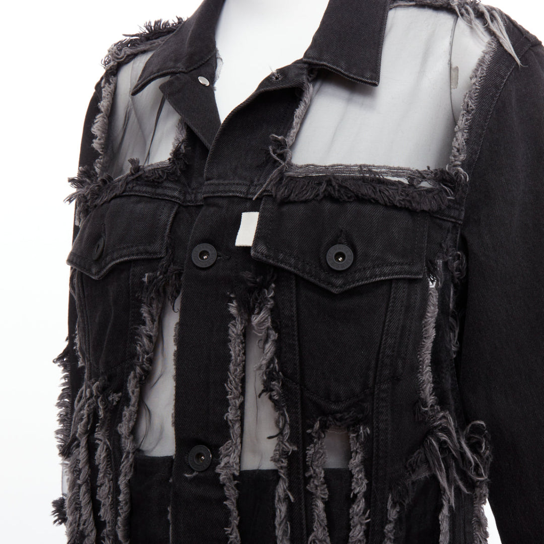 OFF WHITE black denim organza mesh panel frayed jacket XS