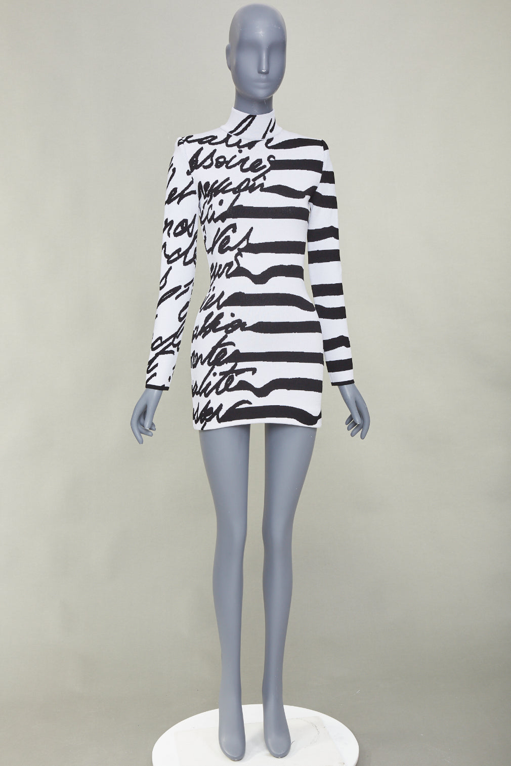 BALMAIN white black script stripe jacquard mock neck knit zip dress FR34 XXS