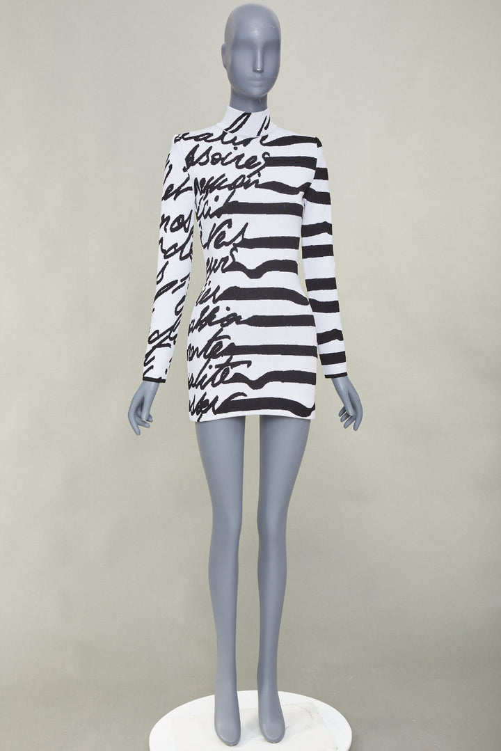 BALMAIN white black script stripe jacquard mock neck knit zip dress FR34 XXS