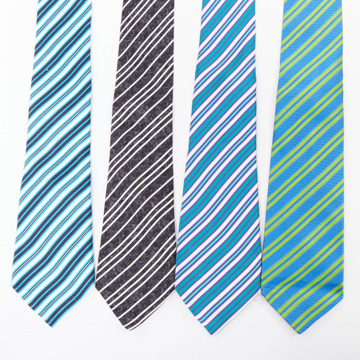 KITON NAPOLI Set of 4 100% silk blue green black white diagonal stripe dress tie