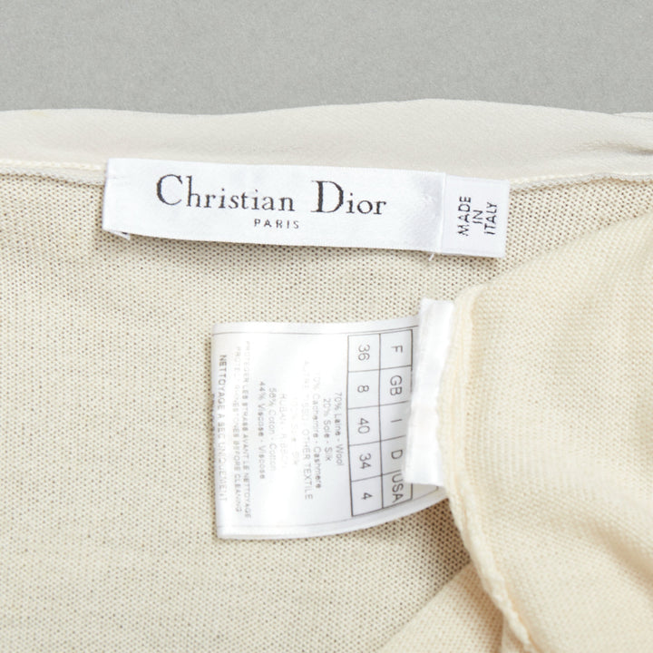 CHRISTIAN DIOR cream grey wool silk cashmere bow tie cardigan FR36 S