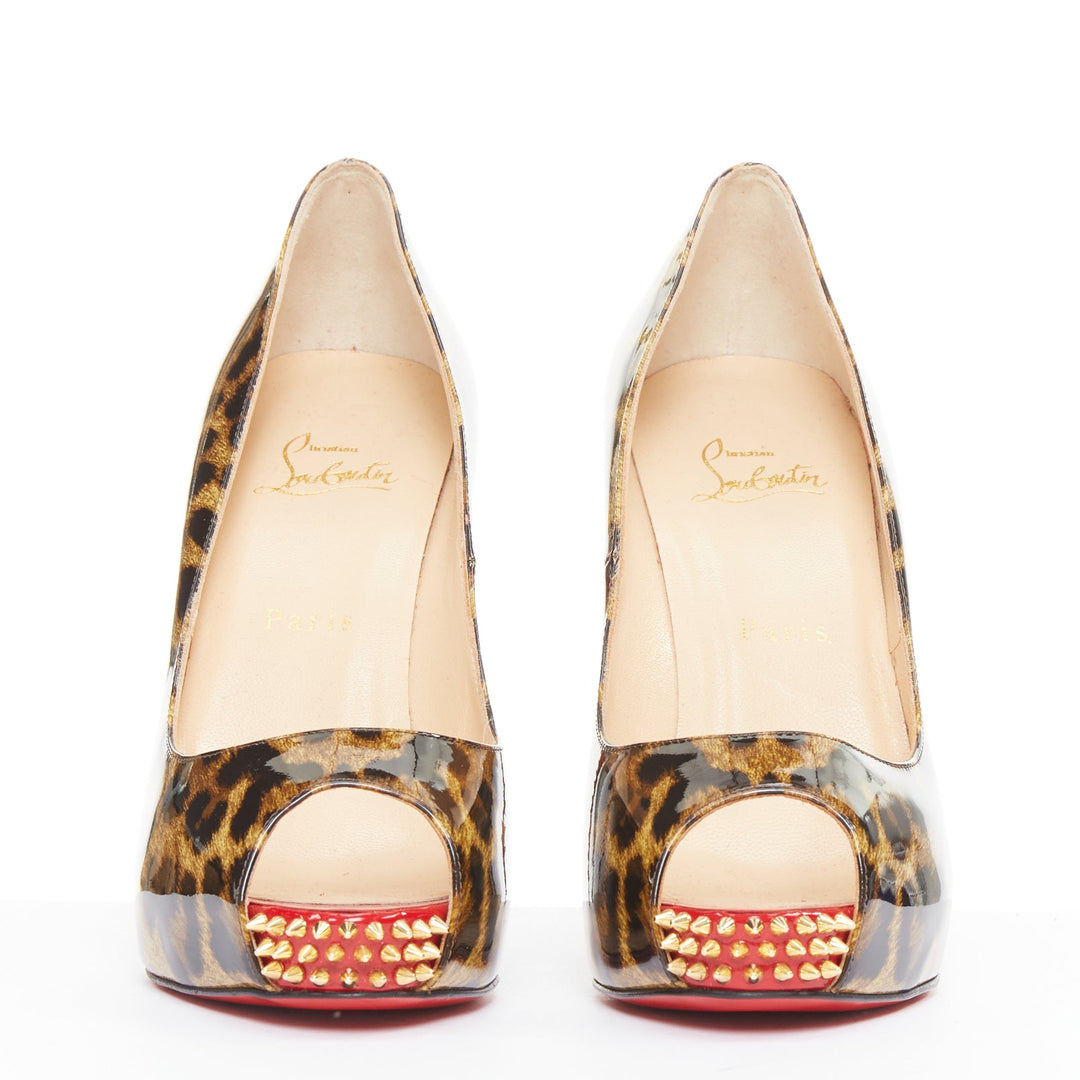CHRISTIAN LOUBOUTIN Very Prive Spikes 120 brown leopard patent peep heels EU39