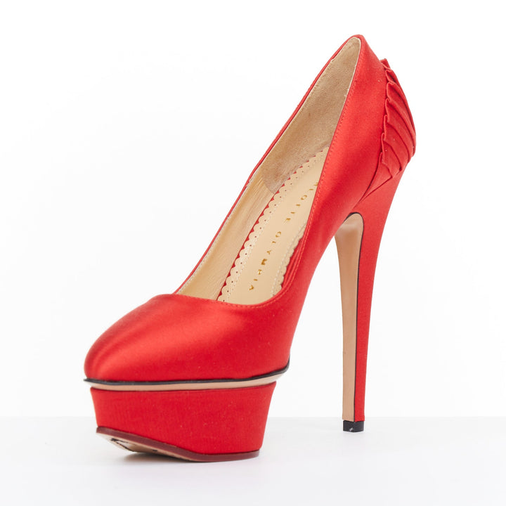 CHARLOTTE OLYMPIA 2011 Paloma red silk satin fan pleat island platform pump EU36