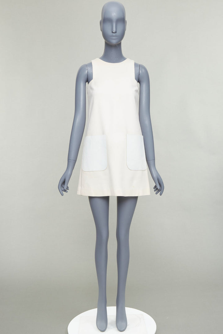 FENDI cream 100% wool leather patch pocket silk lined mini dress IT36 XXS
