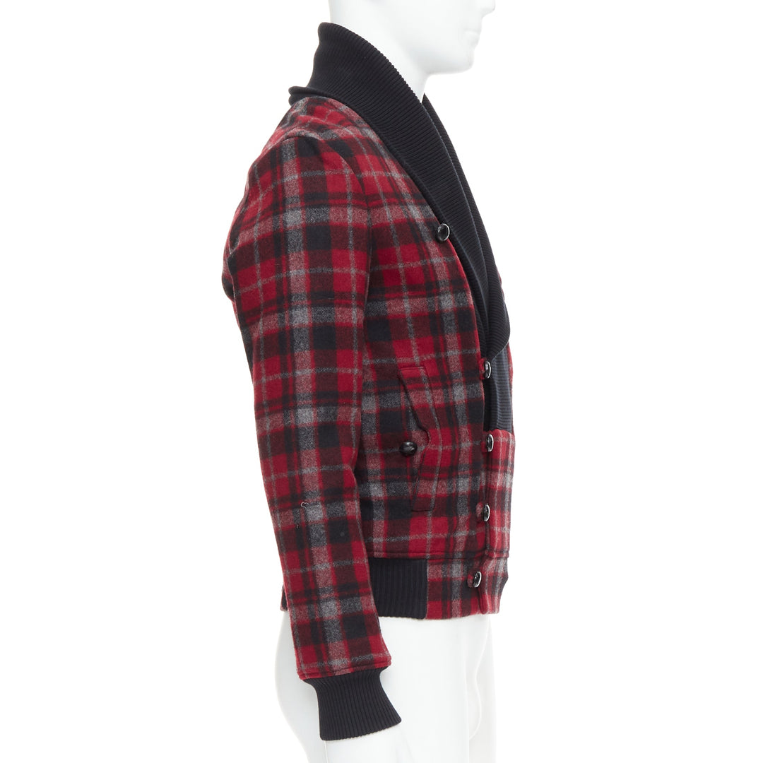 KRIS VAN ASSCHE red black virgin wool checkered cotton trim bomber IT46 S