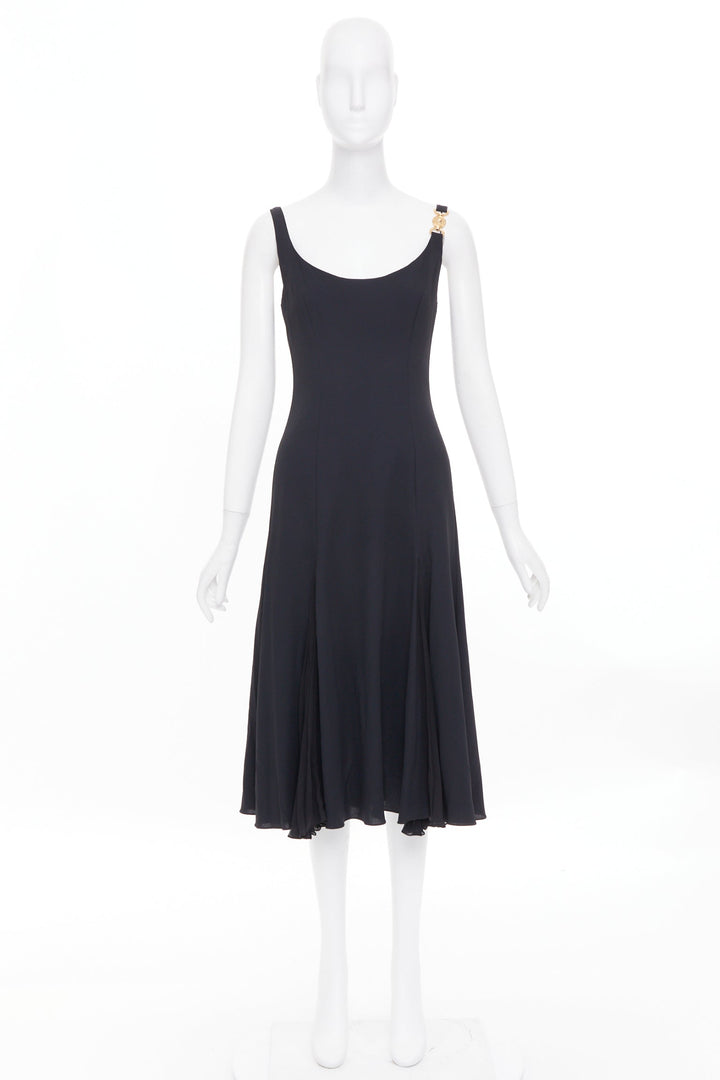 VERSACE 2023 Medusa 95 black viscose silk trim cocktail midi dress IT40 S