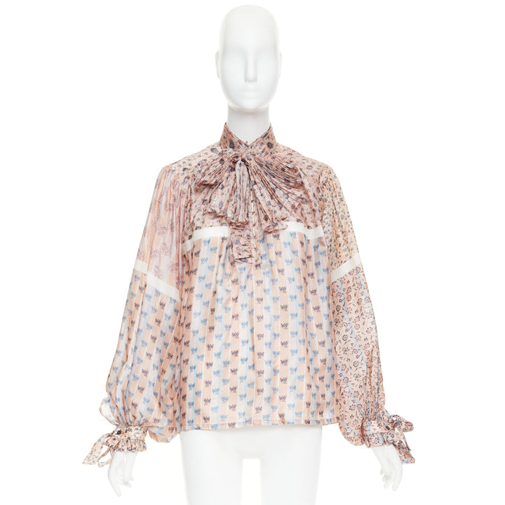 LOUIS VUITTON 2018 Runway 100% silk pink floral stripes pussybow blouse FR36 S