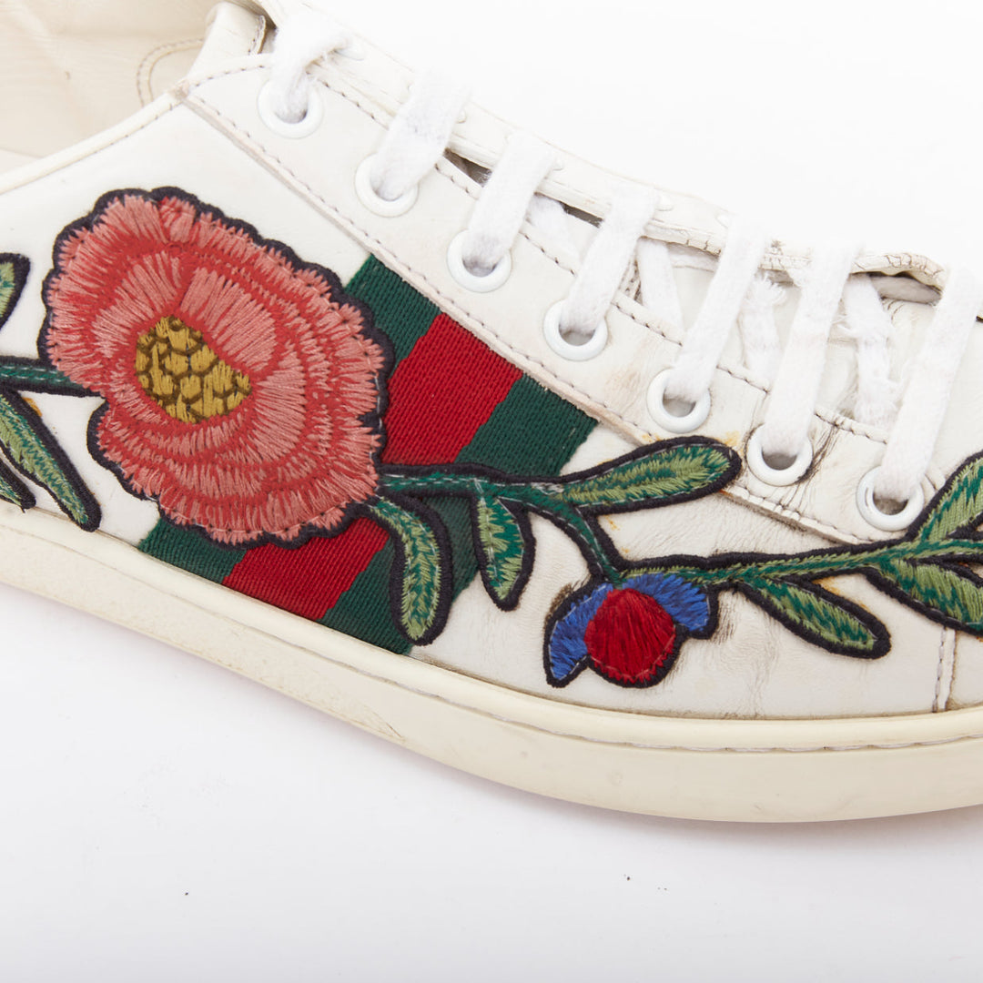 GUCCI Ace white leather pink floral embroidered patch sneakers EU37.5