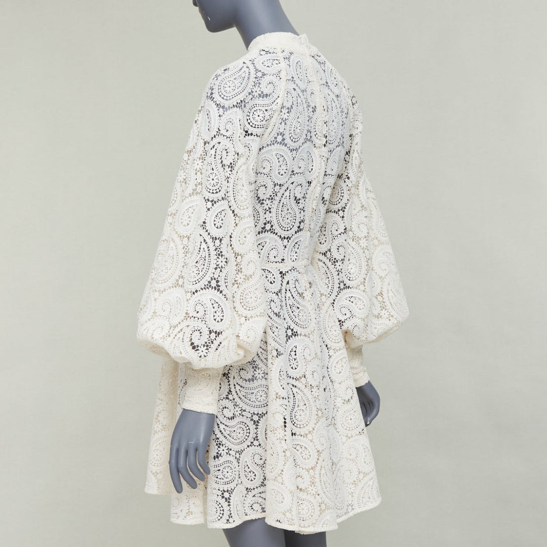 ZIMMERMANN Amari cream paisley floral lace cotton lined peasant dress Sz1 S