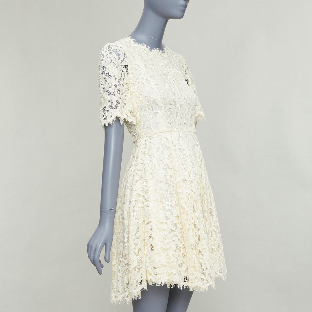 DOLCE GABBANA cream floral lace short sleeve silk lined dress IT40 S