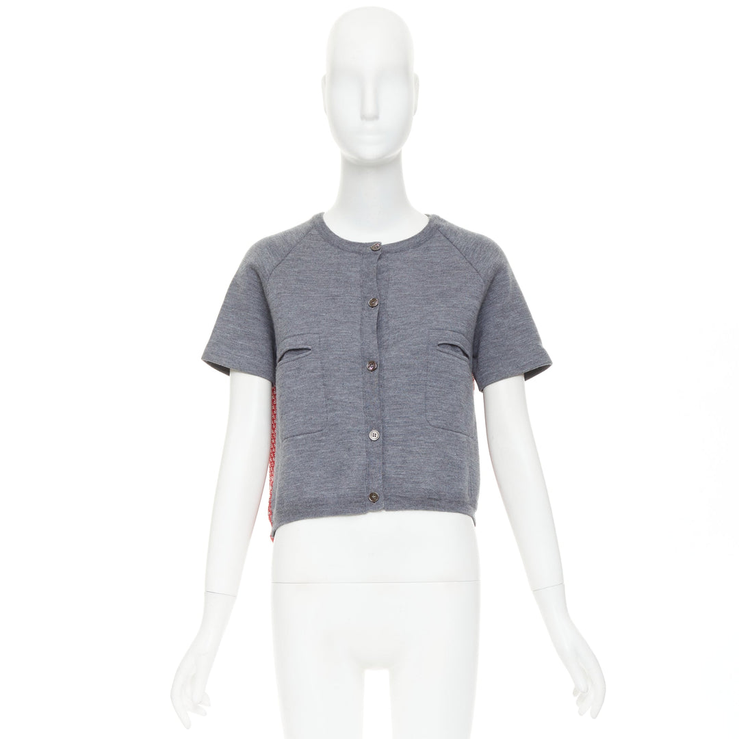 MARNI 2016 grey cotton raglan short sleeve red tweed back crop cardigan IT40 S