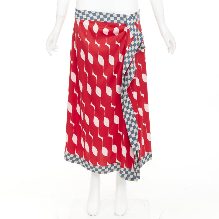 DRIES VAN NOTEN 2024 red silk geometric print wrap checkered midi skirt FR38 M