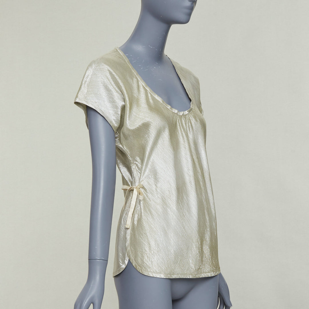 PRADA Linea Rossa Vintage silver silk blend lame scoop neck side ties top IT40 M