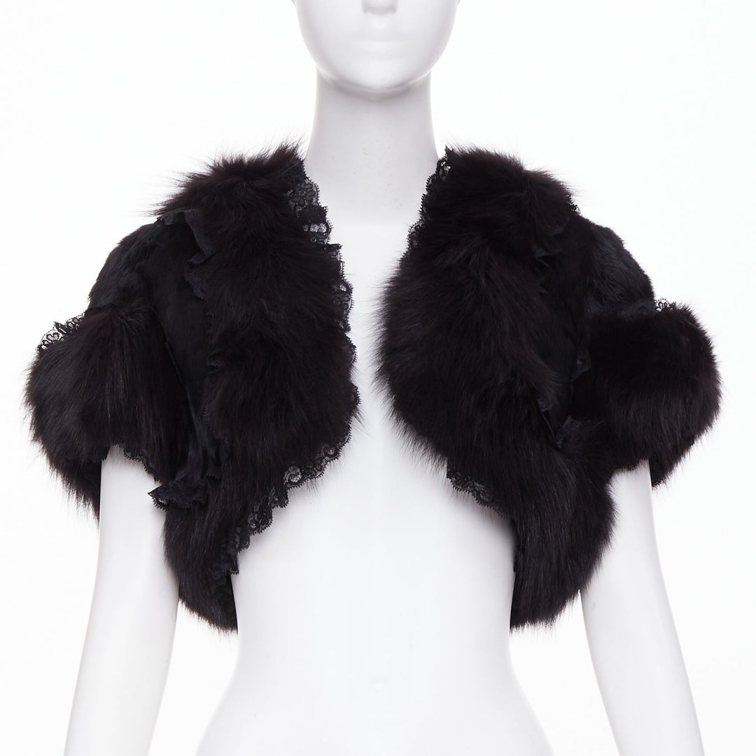 ADAM JONES 2004 black lace trim fox rabbit fur cropped open front bolero FR40 L