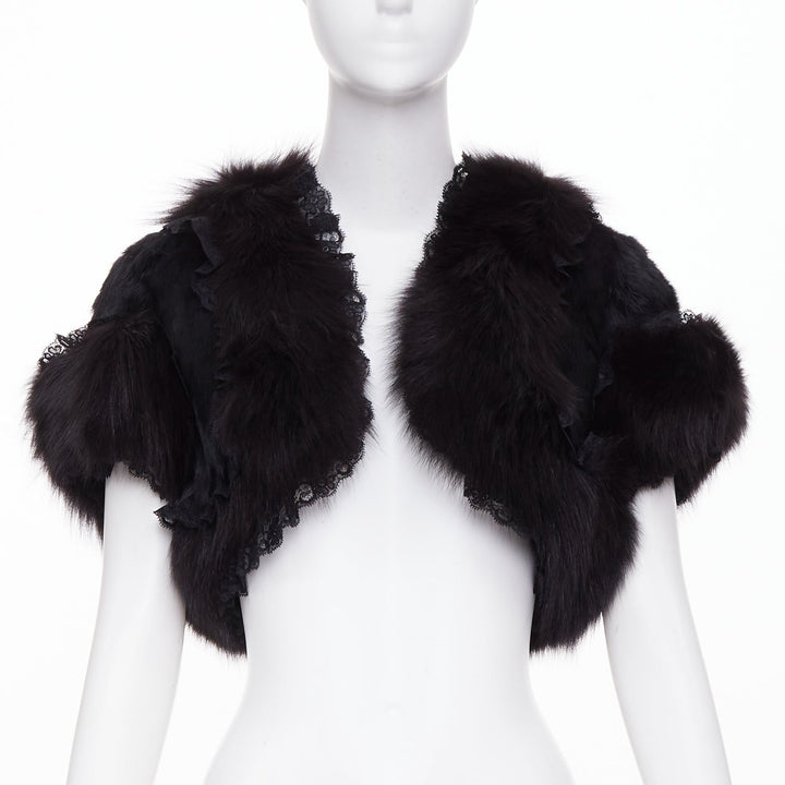 ADAM JONES 2004 black lace trim fox rabbit fur cropped open front bolero FR40 L