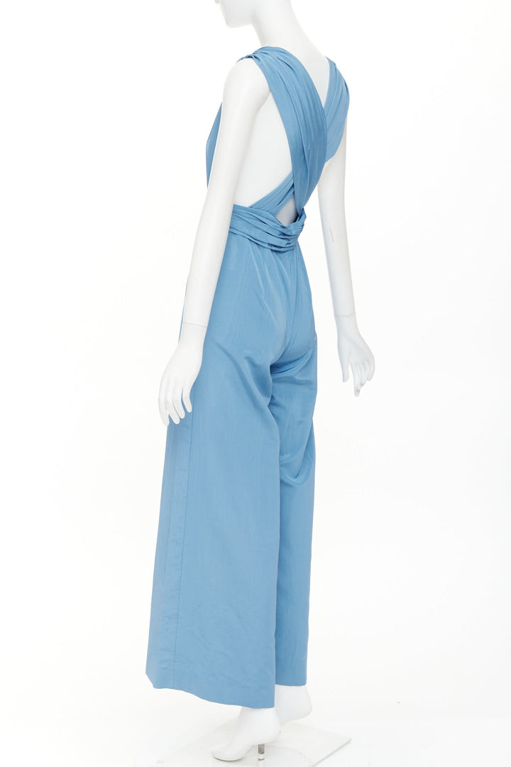 OSCAR DE LA RENTA S20 Runway sky blue moire faille sash tie jumpsuit US0 XS