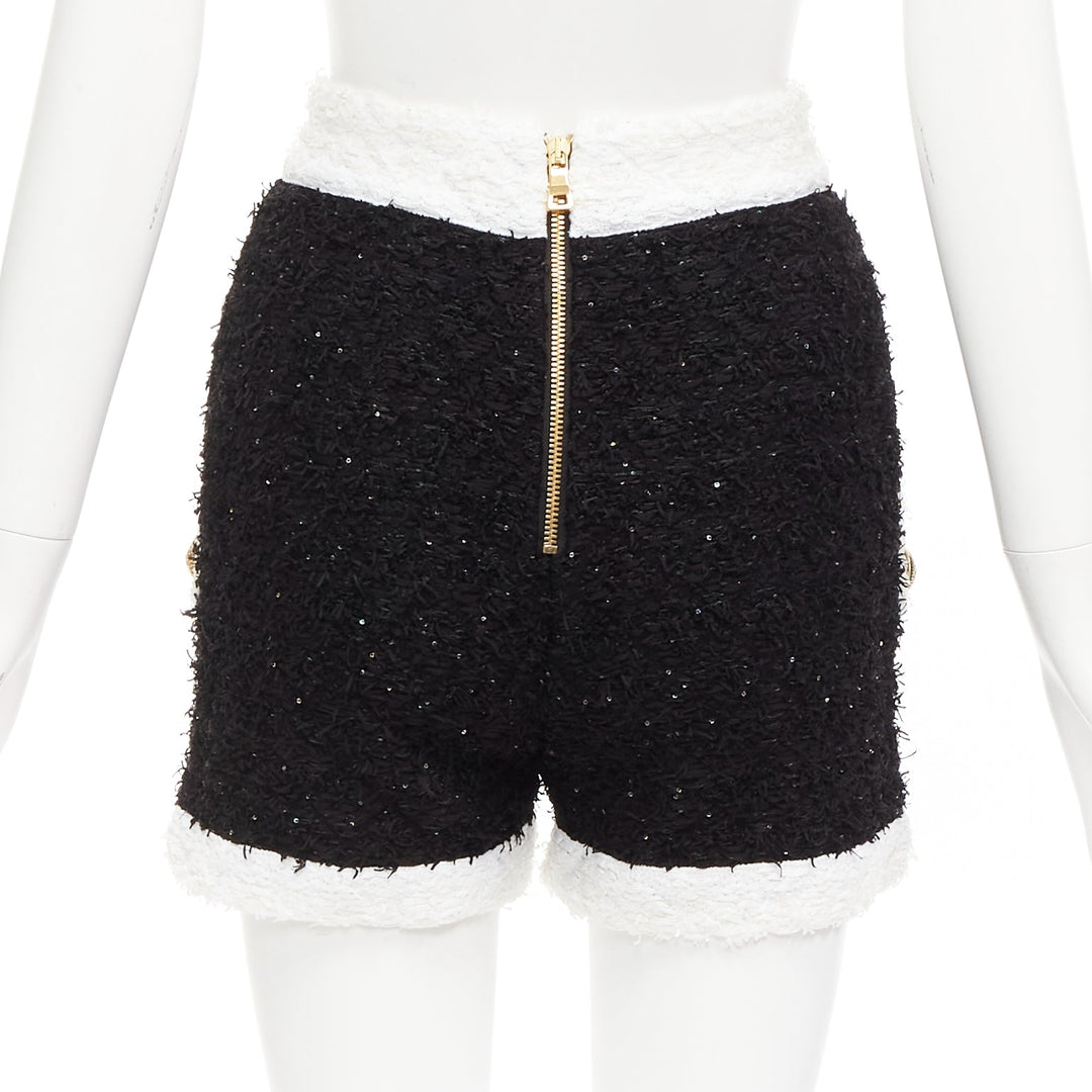 BALMAIN black white sequins tweed gold buttons zip high waisted shorts FR34 XS