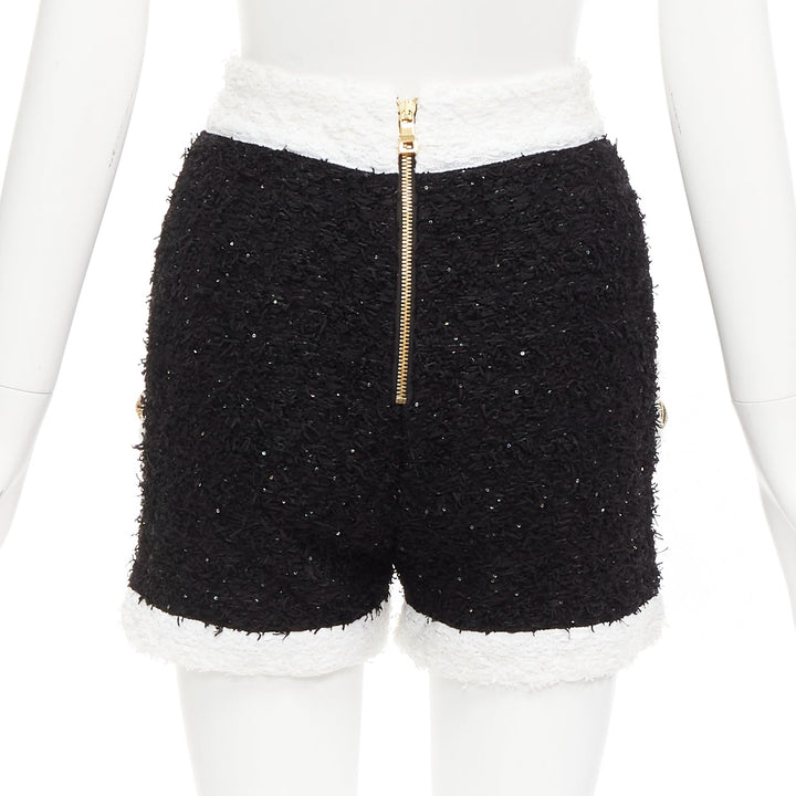 BALMAIN black white sequins tweed gold buttons zip high waisted shorts FR34 XS