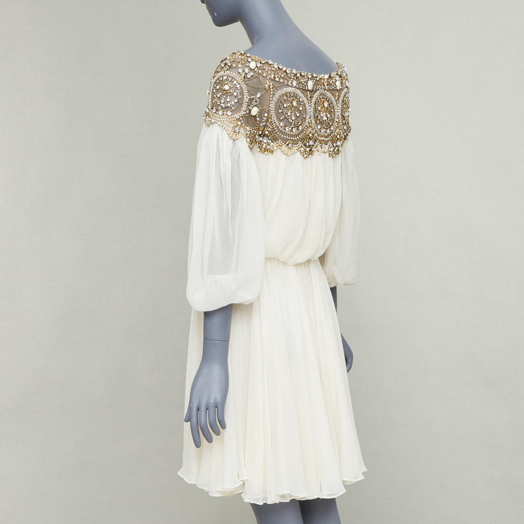 MARCHESA 2012 Runway ivory silk gold beads embellished off shoulder dress US4 S