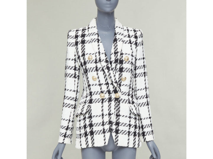 BALMAIN checked black white cotton tweed double breasted blazer jacket FR36 S