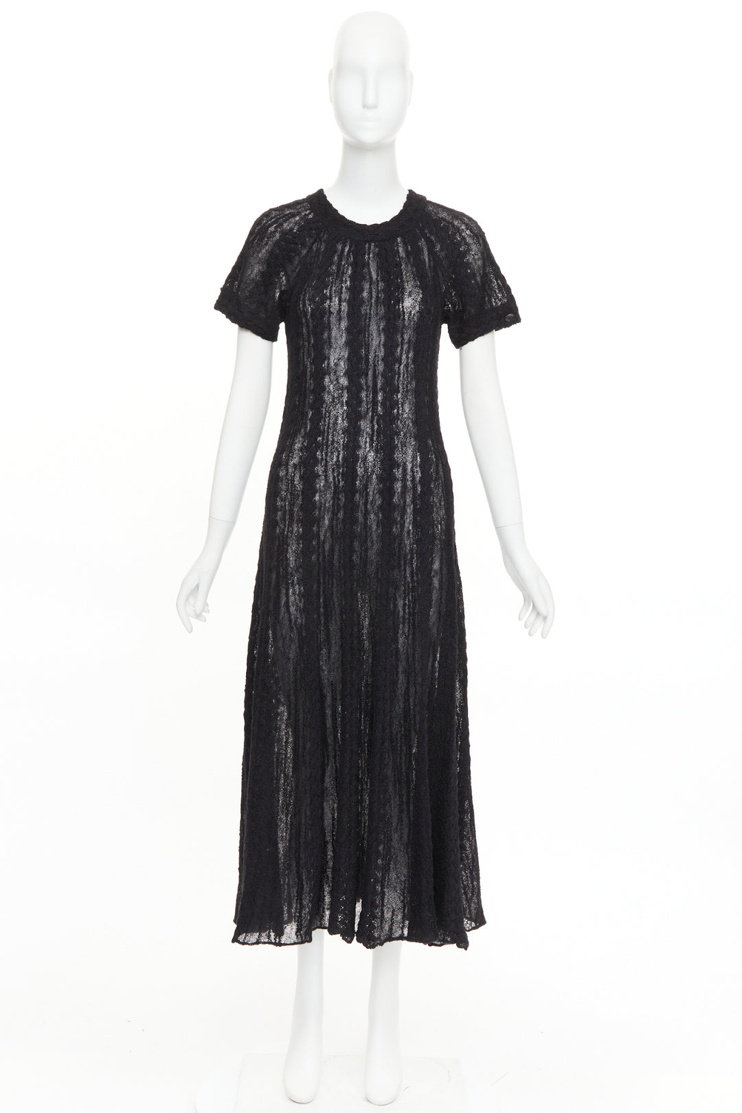 CHANEL black alpaca blend open knit crochet pointelle sleeve midi dress FR40 L