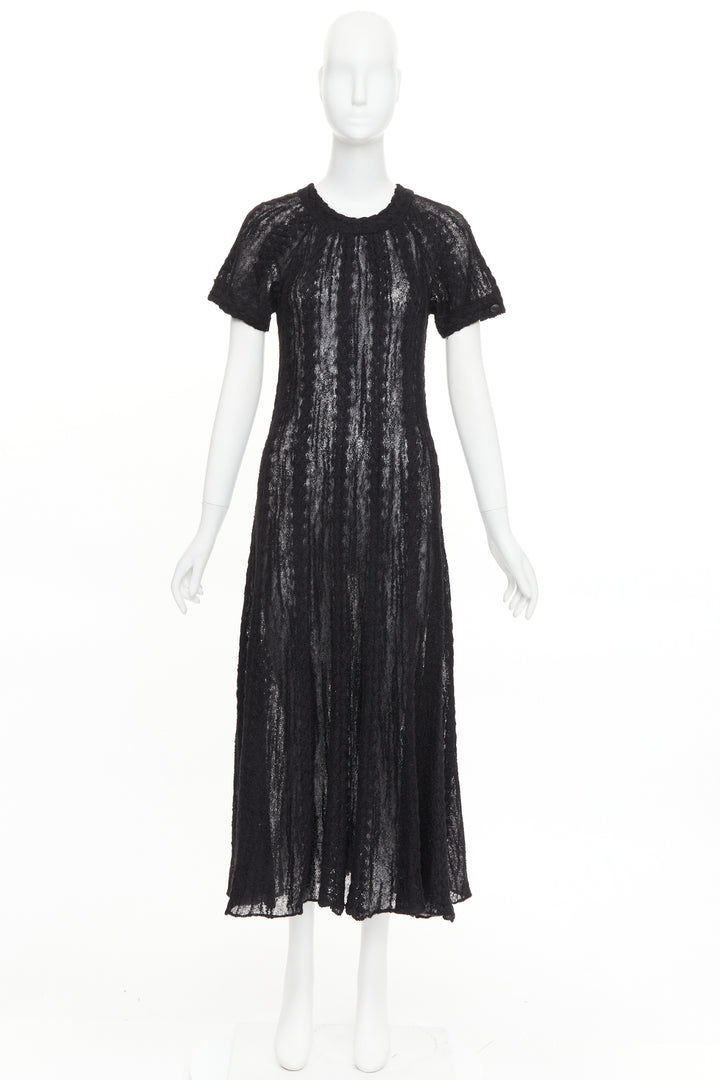 CHANEL black alpaca blend open knit crochet pointelle sleeve midi dress FR40 L