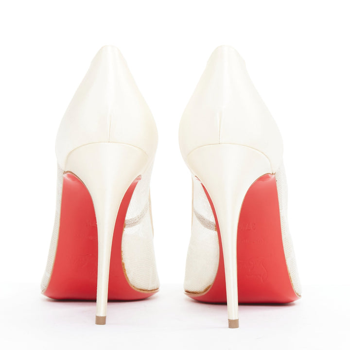 CHRISTIAN LOUBOUTIN Pigalace 100 Dentelle Nuage Crepe ivory satin heels EU37.5