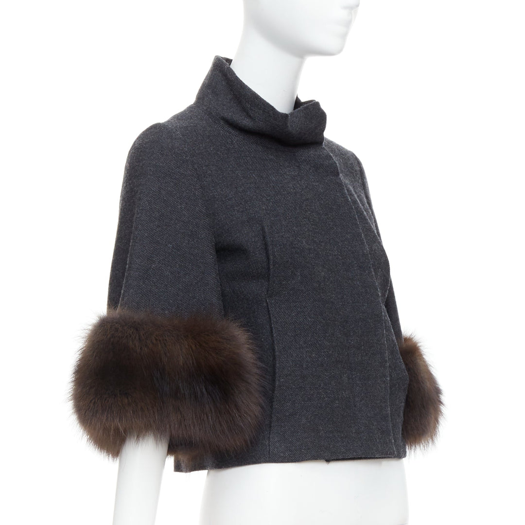 MARNI charcoal grey fur trim flare wool blend cropped jacket IT40 S