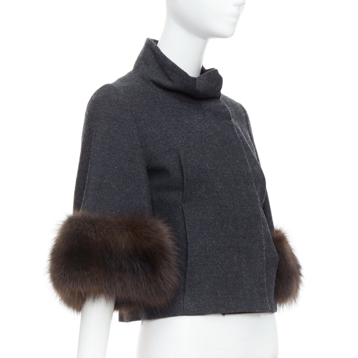 MARNI charcoal grey fur trim flare wool blend cropped jacket IT40 S