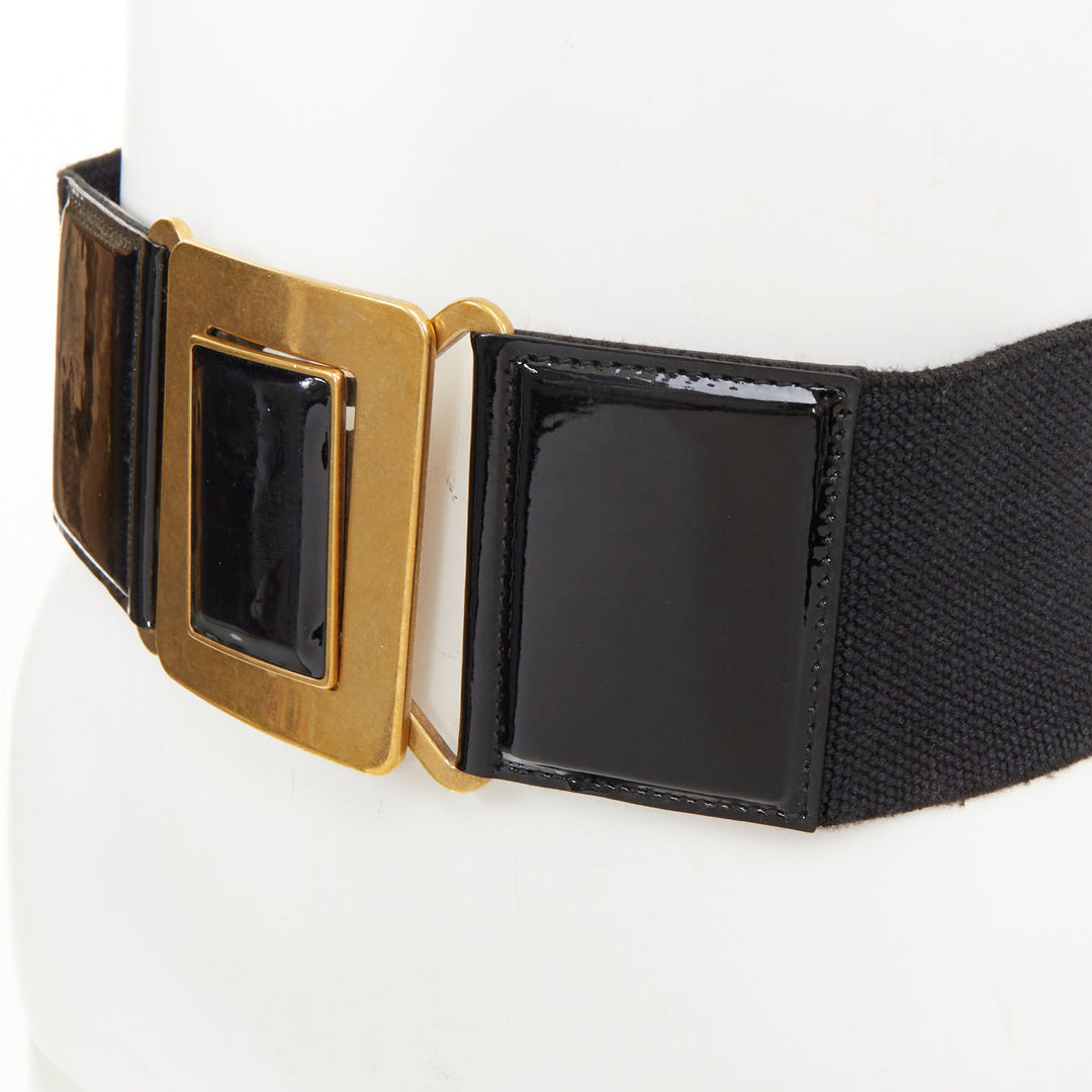 YVES SAINT LAURENT 2002 black patent leather elastic square buckle belt 65cm