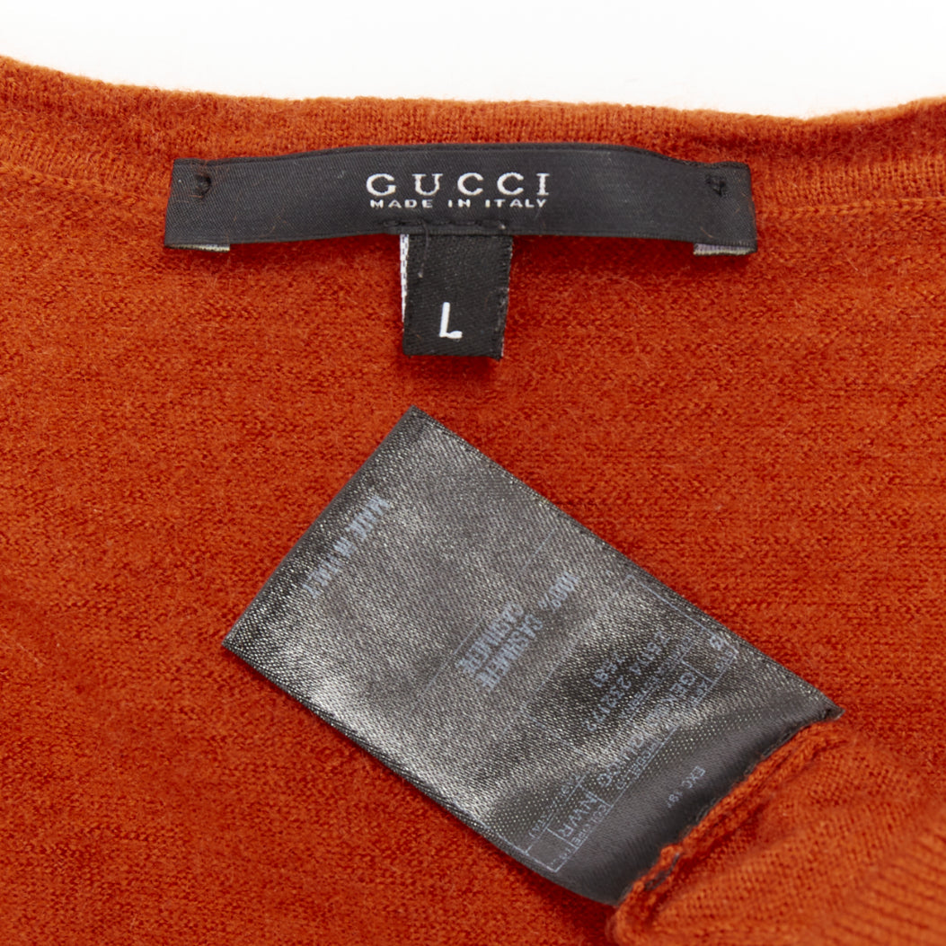 GUCCI 100% cashmere burnt orange  V-neck GG logo embroidery sweater L