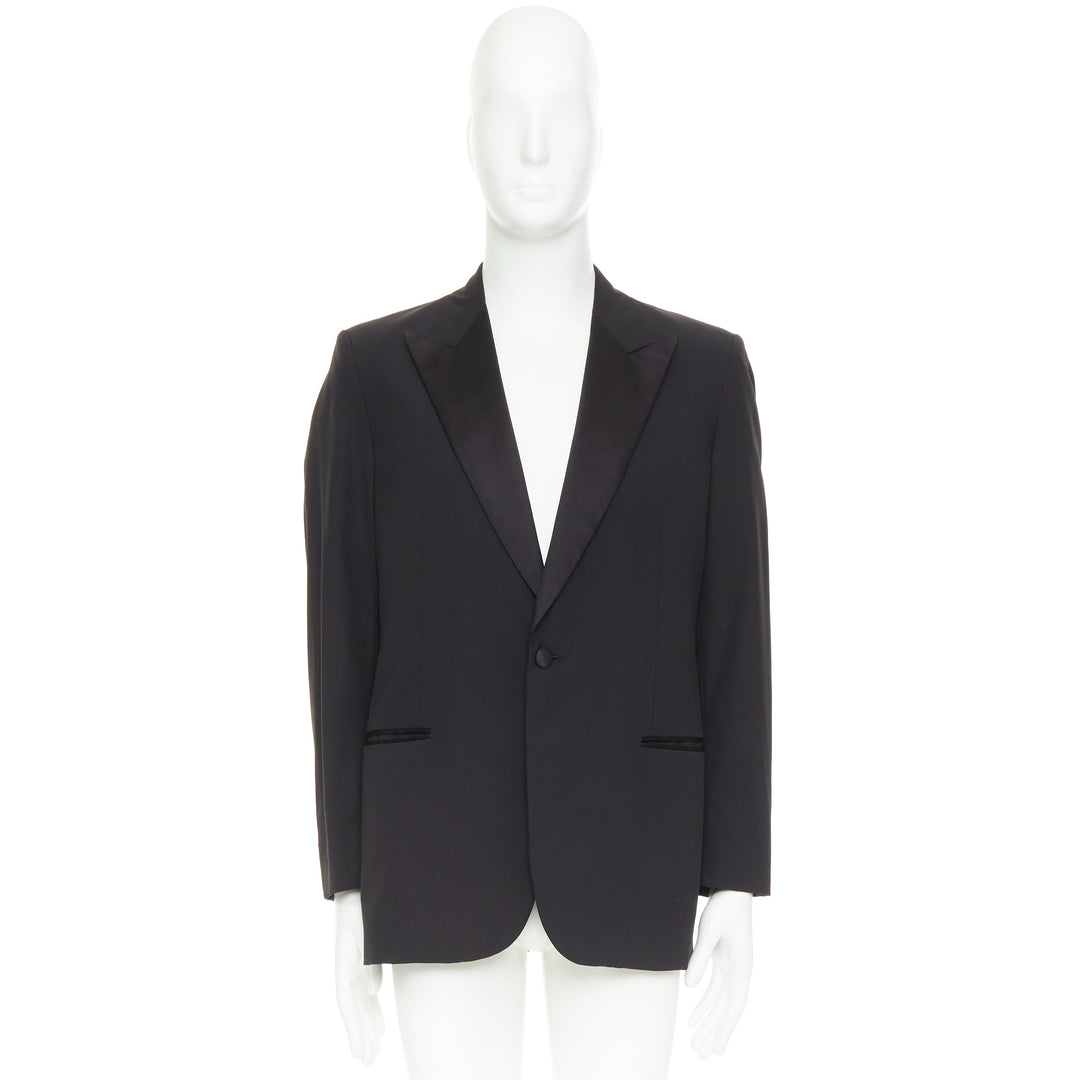 HERMES black wool blend satin peak lapel logo silk lined tuxedo blazer EU50 L