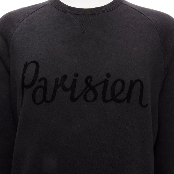 MAISON KITSUNE black velvet Parisien applique cotton crew sweatshirt M