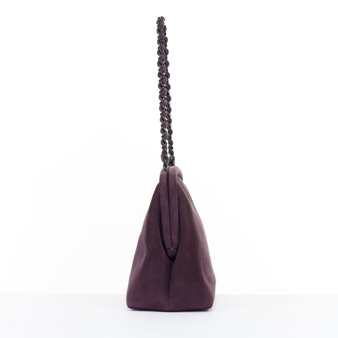 CHANEL 1998 Vintage kiss lock purple suede embroidered cc chain clutch bag