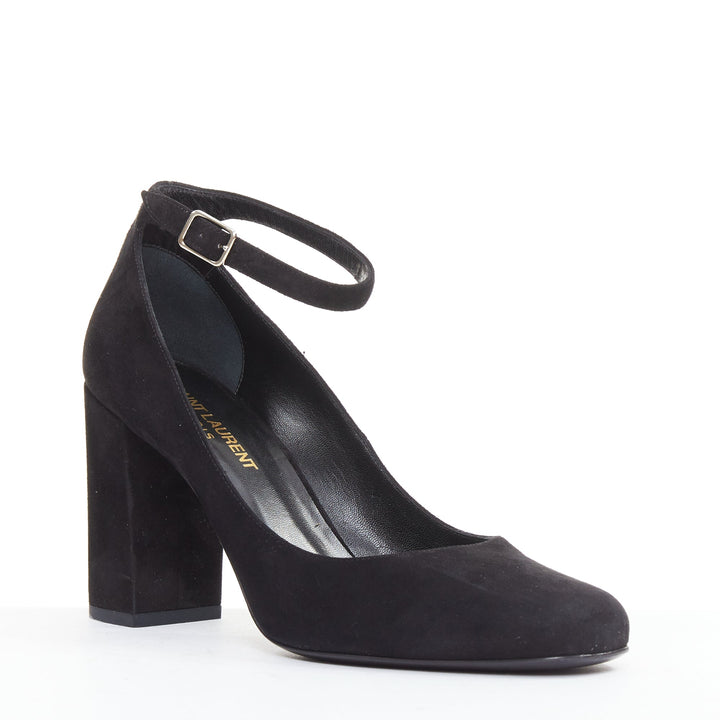 SAINT LAURENT black suede leather buckle maryjane block heel pump EU37.5