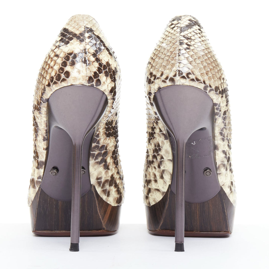 LANVIN 2011 beige scaled leather brown wood platform pumps EU36.5