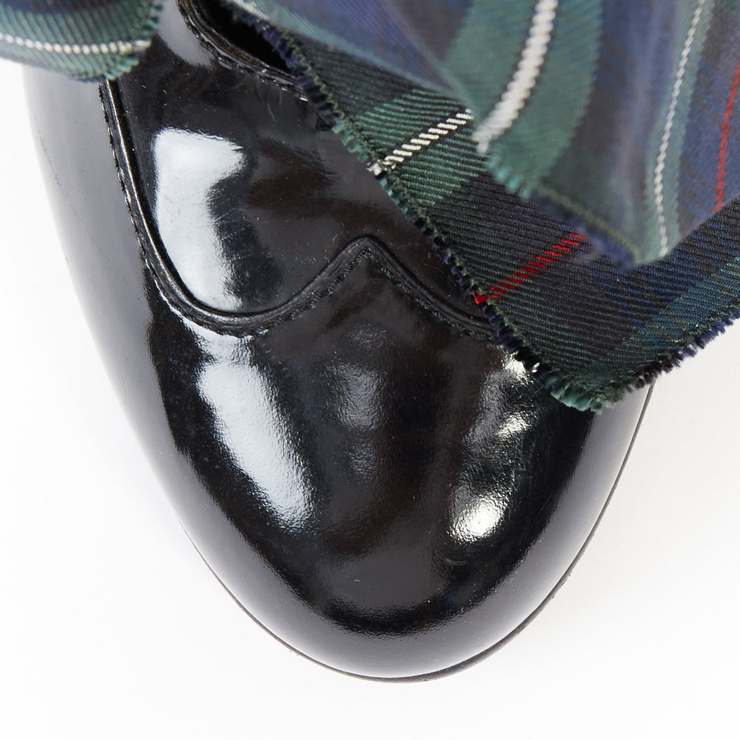 LOUIS VUITTON 2004 Runway green tartan black patent lace up heels pumps EU38.5