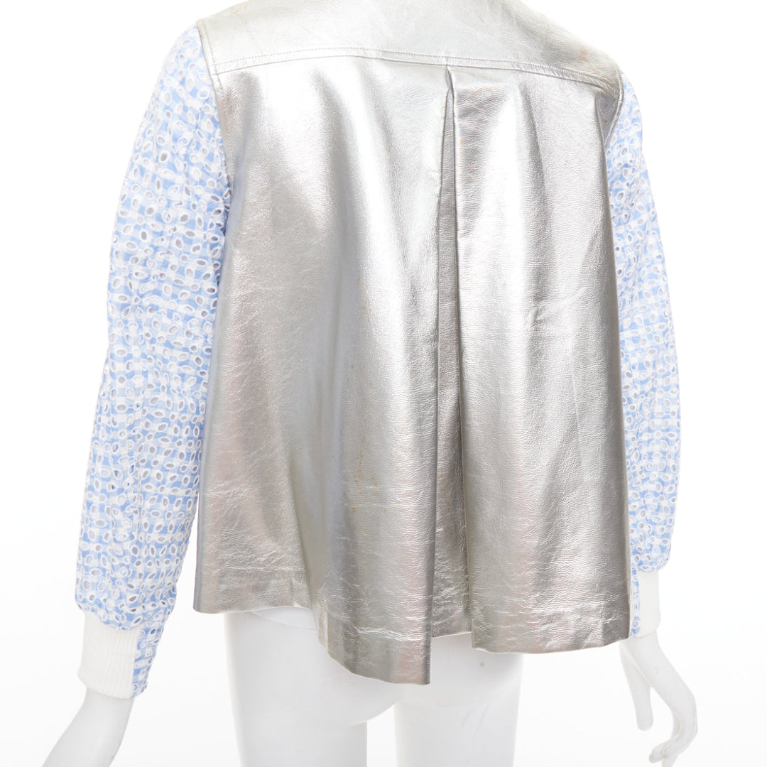SACAI LUCK blue check embroidery anglais silver flared varsity jacket JP1 S