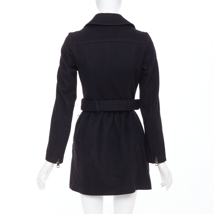 BURBERRY black virgin wool cashmere asymmetric zip belted trench coat UK4 XXS